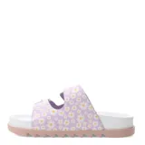 Sandalias de niña con estampado de margaritas, color lila, con hebillas ajustables y suela de goma color rosa.