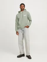 Canguro verde claro con capucha y cordones ajustables. Tiene un bolsillo tipo canguro en la parte delantera y el logo de Jack & Jones estampado en blanco en el pecho.