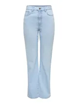 Pantalón de jean celeste claro, de corte recto y tiro alto.
