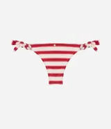 Bikini de microfibra rayada, compuesto por corpiño triangular y bombacha con lazos laterales gruesos.