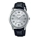 Reloj Casio modelo MTPV001L-7BUDF, con correa de cuero negra, esfera plateada de 38mm y caja plateada. Resistente al agua.