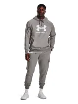 Buzo Under Armour con capucha, color celeste, con logo estampado en blanco en el pecho y bolsillo tipo canguro.