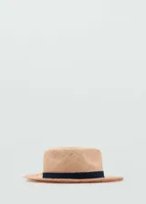 Sombrero de rafia color beige con cinta decorativa negra.