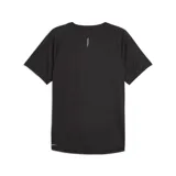Remera deportiva negra de poliéster, con cuello redondo y logo Puma estampado en el pecho.