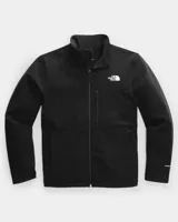 Campera softshell negra para hombre, marca The North Face, modelo Apex Bionic 3. Confeccionada en tejido WindWall® resistente al viento y transpirable, con acabado DWR sin PFC y respaldo de polar. Cuenta con cierre frontal, bolsillo en el pecho y bolsillos laterales con cremallera, y cordón ajustable en el dobladillo.