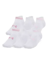 Pack de seis pares de medias deportivas Under Armour unisex, color blanco con detalles en rosa y gris.