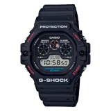 Reloj digital Casio G-Shock modelo DW5900-1DR, color negro con detalles en rojo. Resistente a golpes y al agua hasta 200 metros. Cuenta con cronómetro, temporizador, alarma y luz de fondo electroluminiscente.