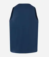 Musculosa deportiva azul marino de poliéster con tecnología Dry, cuello redondo y detalle de cinta reflectante en el centro.