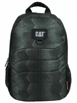 Mochila Caterpillar modelo Benson Streamline, color negro con patrón geométrico de triángulos en tono gris oscuro. Cuenta con compartimento principal acolchado para portátil, bolsillo frontal con organizador, anilla en D metálica y bolsillos laterales de malla.