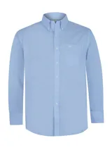 Camisa de manga larga celeste con finas rayas verticales blancas, de corte clásico y cuello abotonado. Tiene bolsillo en el pecho con logo de la marca bordado.
