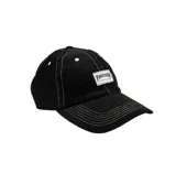 Gorra negra de gabardina con logo Thrasher bordado en etiqueta blanca en el frente.