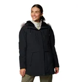Campera Columbia Payton Pass II de mujer, color negro, estilo parka con capucha con borde de piel sintética. Cuenta con forro térmico reflectante dorado Omni-Heat™ Infinity, aislamiento sintético Omni-Heat™ y tecnología impermeable y transpirable Omni-Tech™.