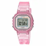 Reloj digital Casio modelo LA20WHS-4ADF, color rosa translúcido. Resistente al agua, con cronómetro, alarma, calendario y luz LED.