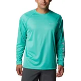 Remera de manga larga Columbia Terminal Tackle Heat, color gris jaspeado, con logo de la marca en el pecho y en la manga. Confeccionada en tejido transpirable de secado rápido y protección solar UPF 50.