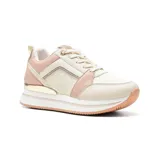 Championes Korium color blanco y rosa con detalles dorados, plataforma y cordones.