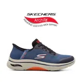 Championes deportivos Skechers Go Walk Arch Fit 2.0, color azul con detalles en negro y suela blanca con detalles en naranja. Cuentan con tecnología Arch Fit para soporte del arco plantar y amortiguación Ultra Go.