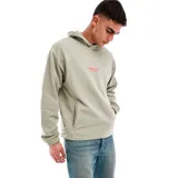 Hoodie gris de The North Face con capucha con cordón ajustable, corte oversize y estampado de montaña en la espalda.