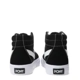 Bota de lona de caña alta, color negro, con cordones blancos y suela plataforma blanca. Presenta el logo de Pony en forma de 'V' en color blanco en el lateral.