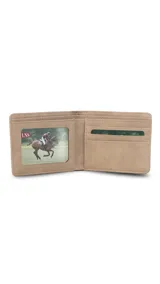 Billetera color beige de símil cuero con galón elastizado marrón y blanco. Interior con doble compartimento para billetes, visor y tarjeteros.