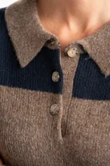 Sweater de tejido de punto grueso, color marrón y azul marino, con diseño de rayas horizontales anchas. Presenta cuello polo y abertura frontal con dos botones nacarados.