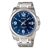 Reloj Casio modelo MTP1314D con caja y pulsera de acero plateado, esfera azul con agujas e indicadores plateados, calendario y resistencia al agua 50m.
