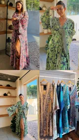 Kimono largo de seda con estampado floral en tonos verde, marrón y beige. Tiene mangas amplias y corte cruzado con lazo ajustable en la cintura.