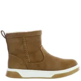 Bota con cierre lateral y borde peludito, color tostado, ideal para climas fríos.