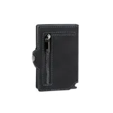 Billetera negra con cierre y diseño minimalista, ideal para llevar tarjetas y efectivo.