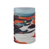 Cuello multifuncional Buff Coolnet Uv con estampado abstracto en tonos celeste, naranja, blanco y negro.