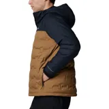 Campera Columbia Grand Trek III para hombre, color marrón y azul marino, con capucha ajustable y cierre frontal. Cuenta con tecnología termorreflectante Omni-Heat Infinity, costuras selladas Omni-Tech, aislamiento de plumón de 650 fill power y bolsillos con cremallera.