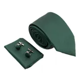 Set de corbata, pañuelo de bolsillo y gemelos a juego, color verde oscuro con textura.