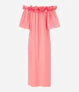 Vestido midi de viscosa color salmón, con escote hombro a hombro con volados y mangas globo.