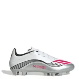 Championes de fútbol Adidas F50 Messi Club FG, diseño unisex en blanco con detalles en rojo, negro y plateado.