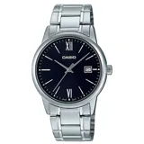 Reloj Casio modelo MTPV002D-1B3UDF para hombre, con caja y pulsera de acero plateado, esfera negra con indicadores de hora en números romanos y agujas plateadas. Incluye indicador de fecha. Resistente al agua.