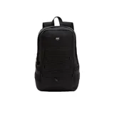 Mochila Vans negra con logo blanco en la parte superior, bolsillo frontal con cierre y cordones elásticos cruzados. Cuenta con dos bolsillos laterales y correas acolchadas ajustables.