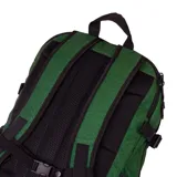 Mochila verde oscuro con logo CAT en el frente, compartimento acolchado para laptop de 15 pulgadas, panel organizador en bolsillo frontal, espalda acolchada, correa para ajustar a la cintura, straps ajustables y correas de compresión.