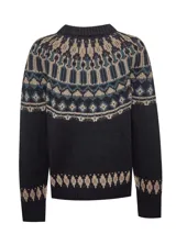 Sweater de lana de alpaca y oveja color crudo con diseño geométrico en tonos marrones.