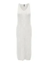 Vestido midi de punto calado color blanco, con cuello en V y corte recto.