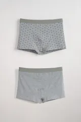 Pack de dos boxers cortos de algodón gris melange, uno liso y otro estampado con palmeras.
