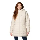 Chaqueta Columbia Powder Lite II Mid para mujer, color beige, con capucha y cierre frontal. Cuenta con tecnología Omni-Heat™ para mantener el calor y Omni-Shield™ para repeler la humedad.