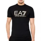 Remera de manga corta, cuello redondo, color negro, con el logo EA7 Emporio Armani estampado en tono gris oscuro en el centro del pecho.