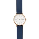 Reloj Skagen con correa de cuero azul, caja dorada rosa y esfera blanca con agujas doradas.