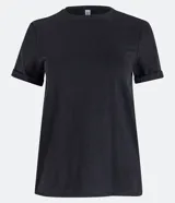 Remera celeste de media malla con cuello redondo y mangas cortas dobladas.