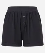 Short de pijama negro de ribana con cintura elástica y botones decorativos.