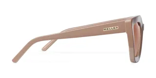 Lentes de sol cat-eye con montura beige y lentes marrones, diseño moderno y resistente.