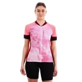 Camiseta de ciclismo rosada con estampado floral y cierre frontal.