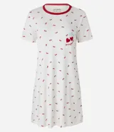 Camisón corto de malla de viscosa color crema con cuello redondo rojo, mangas cortas y estampado de cerezas.