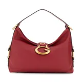 Bolso de hombro mediano de cuero sintético texturizado color rojo, con correa de hombro delgada y herrajes dorados. Presenta un cierre frontal decorativo con el logo 'G' de Guess.