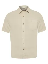 Camisa de manga corta color beige, marca RKF, confeccionada en tencel. Tiene botones claros, bordado de pato al tono y pinza en la espalda.