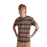 Remera de mangas cortas con cuello redondo y bolsillo en el pecho. Diseño a rayas horizontales en tonos azul, marrón, ocre y blanco.